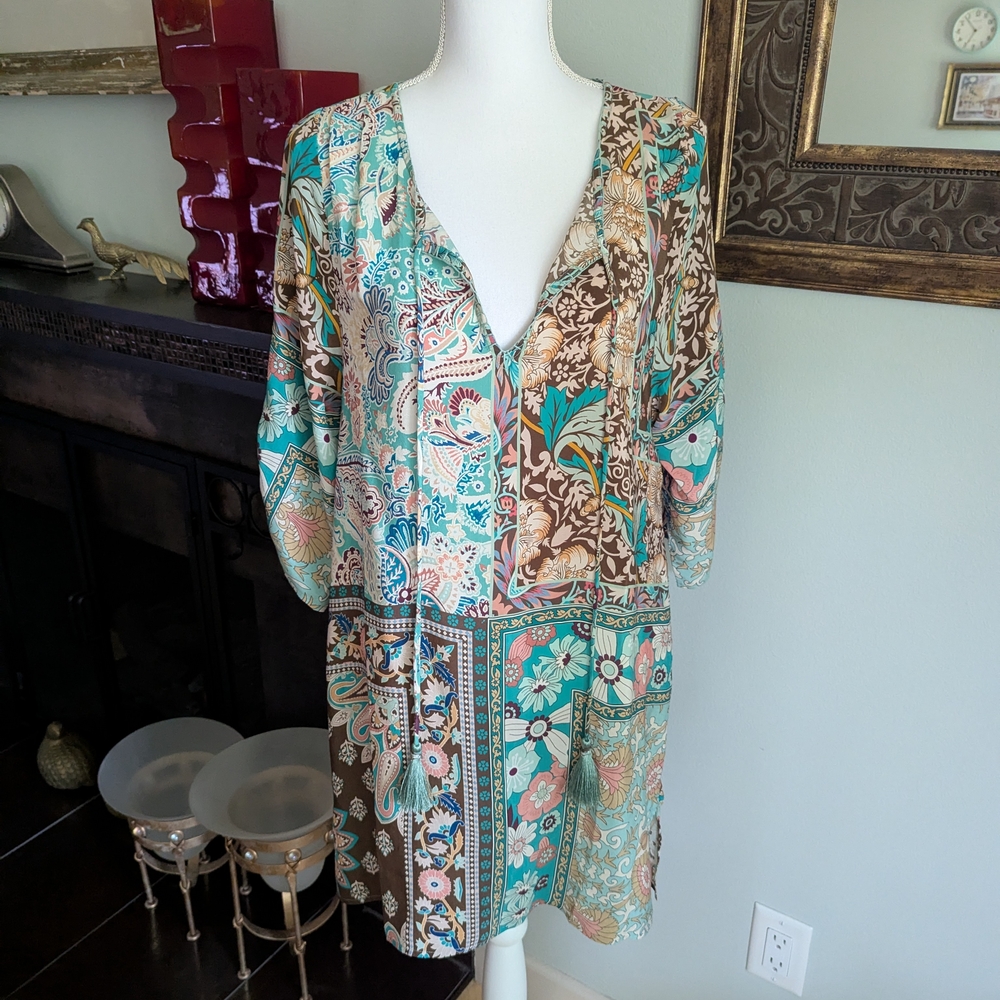 Tolani Womens M Silk Short Dress/Long Tunic Multi Mixed Paisley Boho Peasant 160